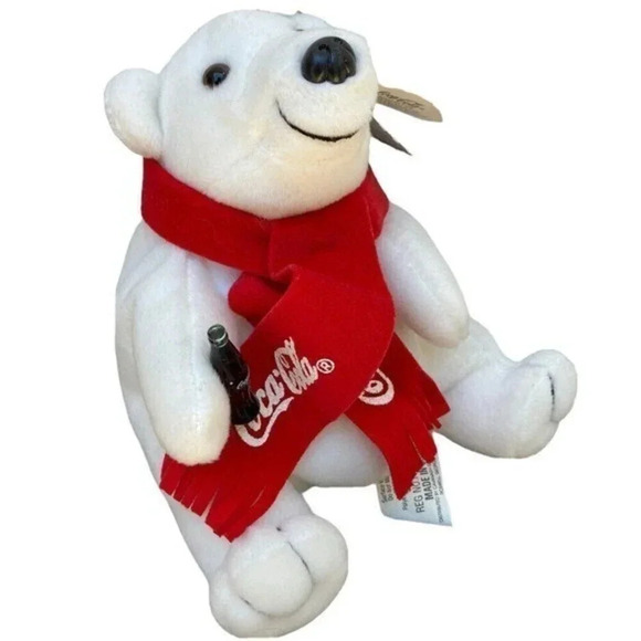 1998 COCA COLA Polar Bear Bean Bag Plush 5 1/2" Soda Red Scarf Collectable - Picture 1 of 6